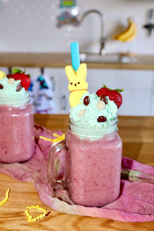 easter berry smoothie for easter with bunny peeps