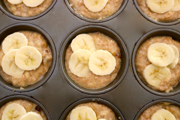 banana date muffins in baking pan