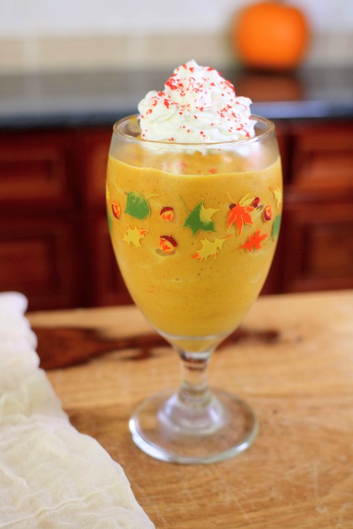 pumpkin pie smoothie topped with whipped cream