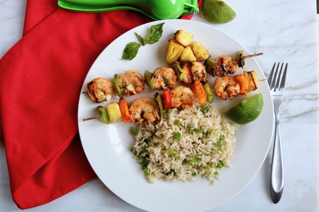 grilled shrimp skewers dinner with rice
