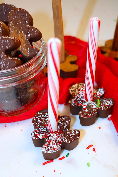 candy cane hot chocolate stirrers ready to dip into hot milk to make peppermint chocolate