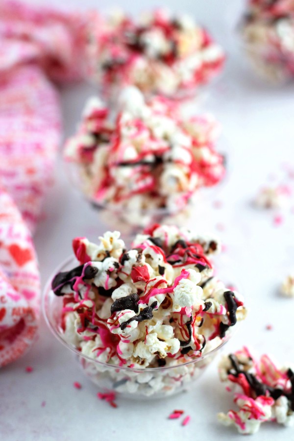 colored valentines popcorn in small dessert cups