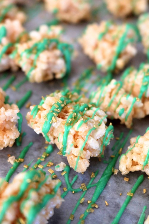 rice krispies gold nuggets with green drizzle