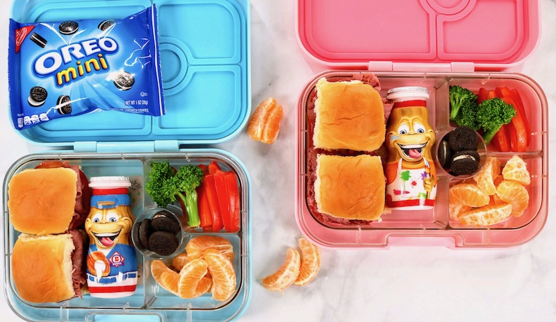 back to school kid friendly slider recipe in pink and blue lunchboxes