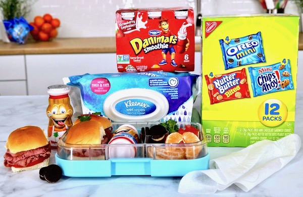 roast beef slider lunchbox with mini oreos and danimals