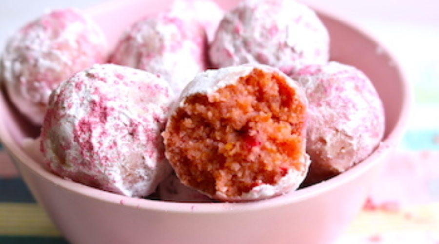 tn strawberry cake balls in pink bowl