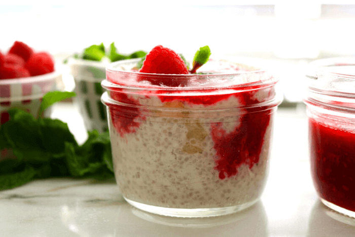 banana chia seed pudding with raspberry sauce