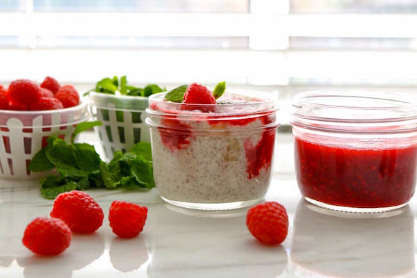 banana chia seed pudding-with-raspberry sauce