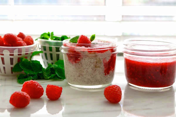 banana chia seed pudding with raspberry sauce