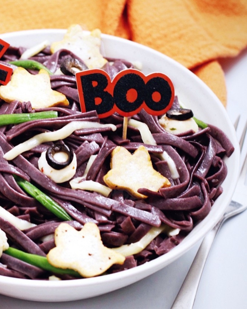 Close up of Halloween noodle bowl