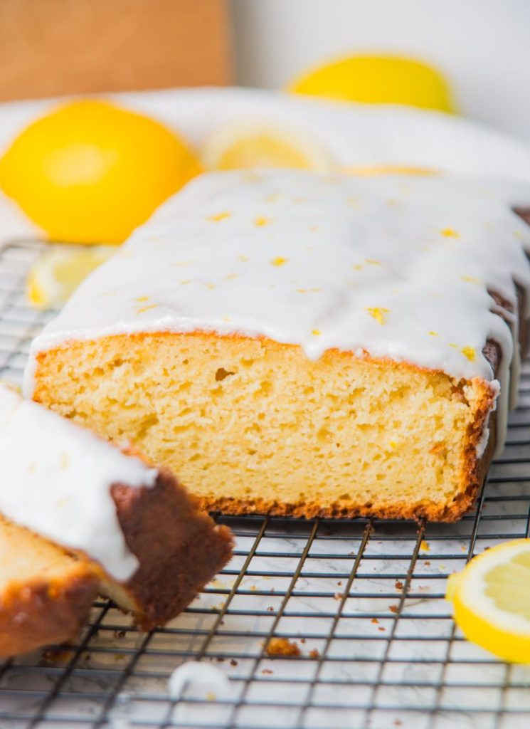 finished picture with slice cut of lemon cake with oil not butter