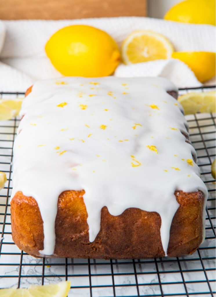 front angled view of lemon olive oil cake (no butter recipe)