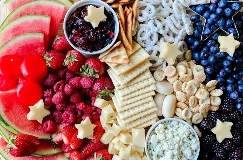 4th of July charcuterie board bursting with patriotic colors