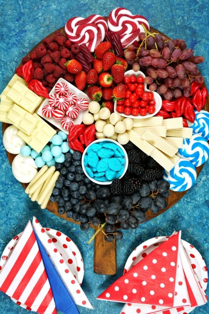fun 4th of July candy filled Charcuterie Board