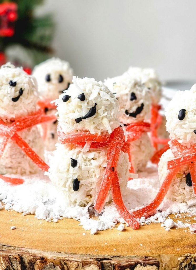 cute little snowman truffles with shredded coconut